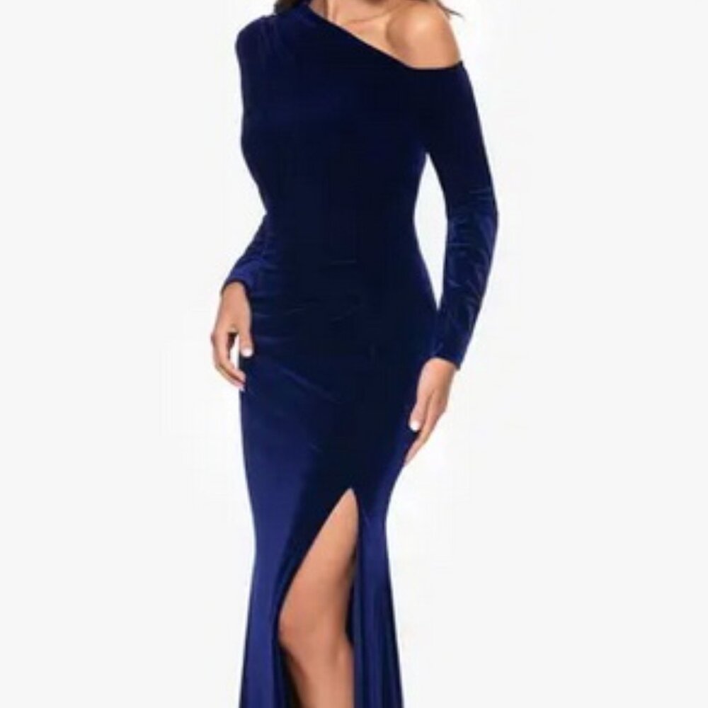 Betsy & Adam Sapphire Blue One-Shoulder Long Sleeve Velvet Gown